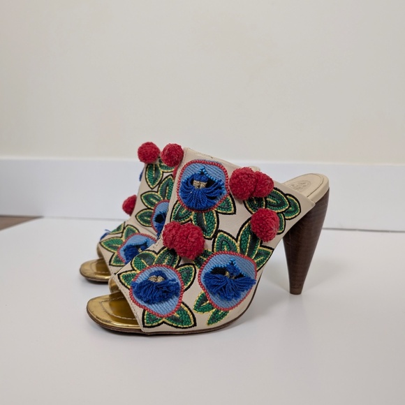 Tory Burch Multicolor Leather and Embroidered Fabric Pom Pom Open Toe Mules - Picture 2 of 11